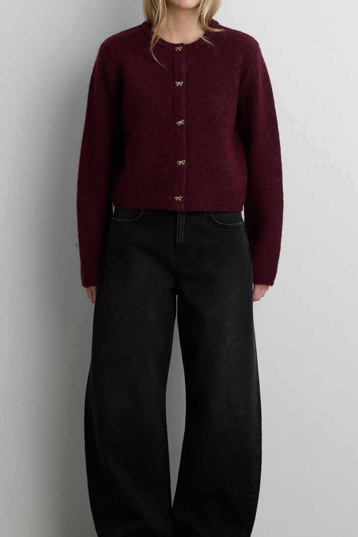 BOW BUTTON FRONT WOOL-BLEND CARDIGAN