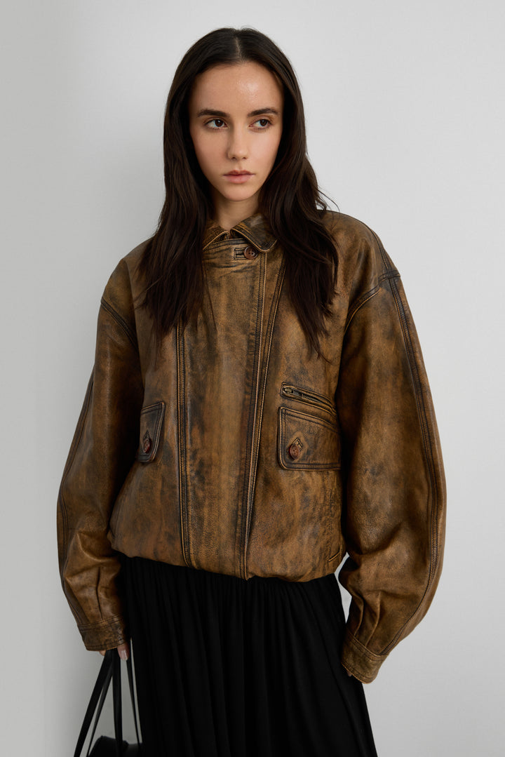 GENUINE LEATHER BROWN DISTRESSED BOMBER JACKET
