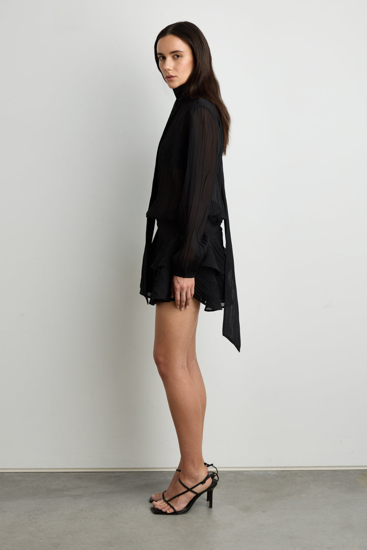 MOCKNECK LONG SLEEVE SHEER RUFFLED MINI DRESS