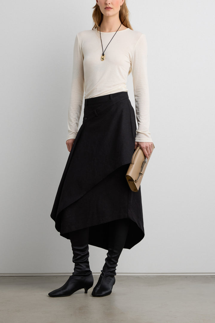 ASYMMETRICAL MIDI WRAP SKIRT