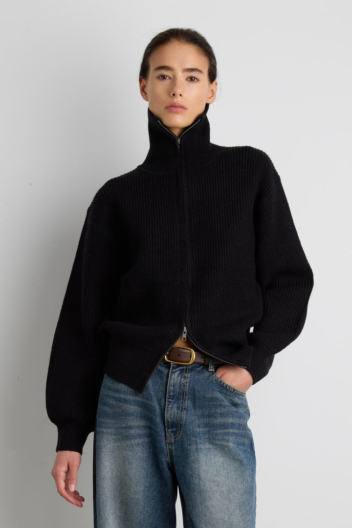 HIGH NECKLINE ZIP UP SWEATER